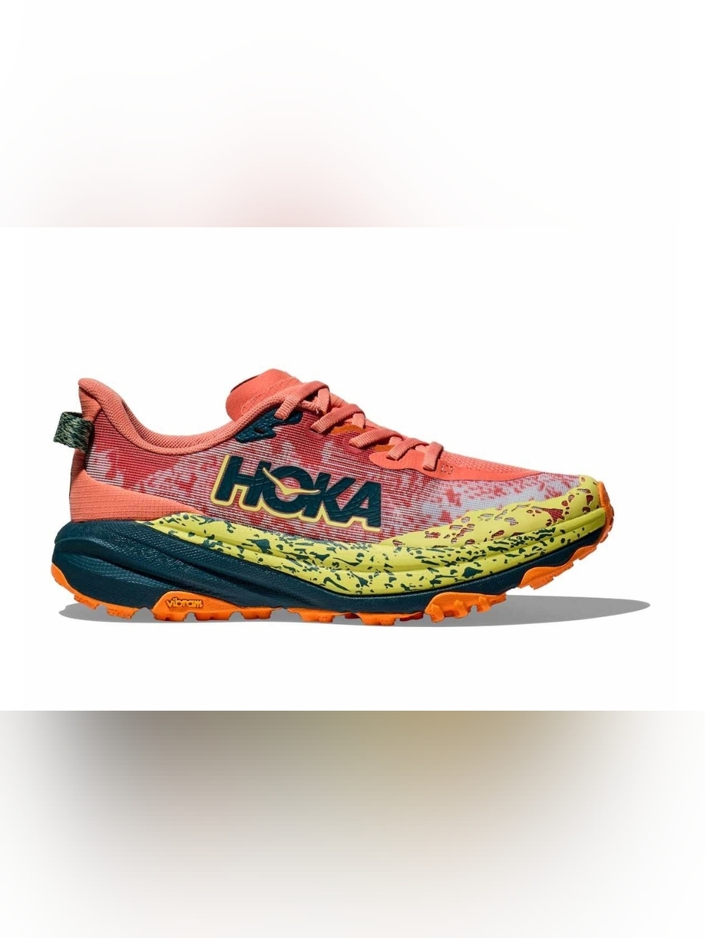 Size. 7 Hoka Women's  Speedgoat 6. Trail Shoe in Coral, Yellow and Orange